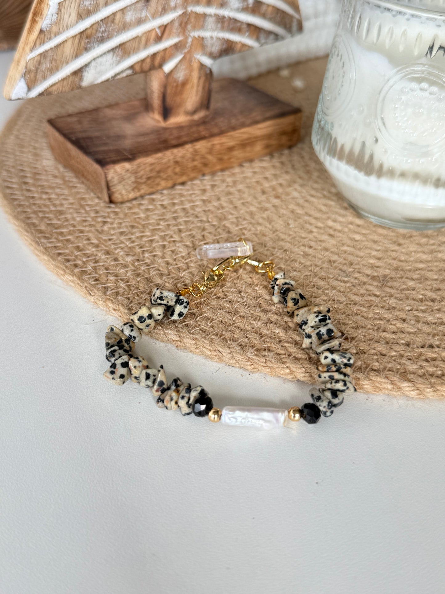 Pulsera jaspe dálmata c/perla larga río
